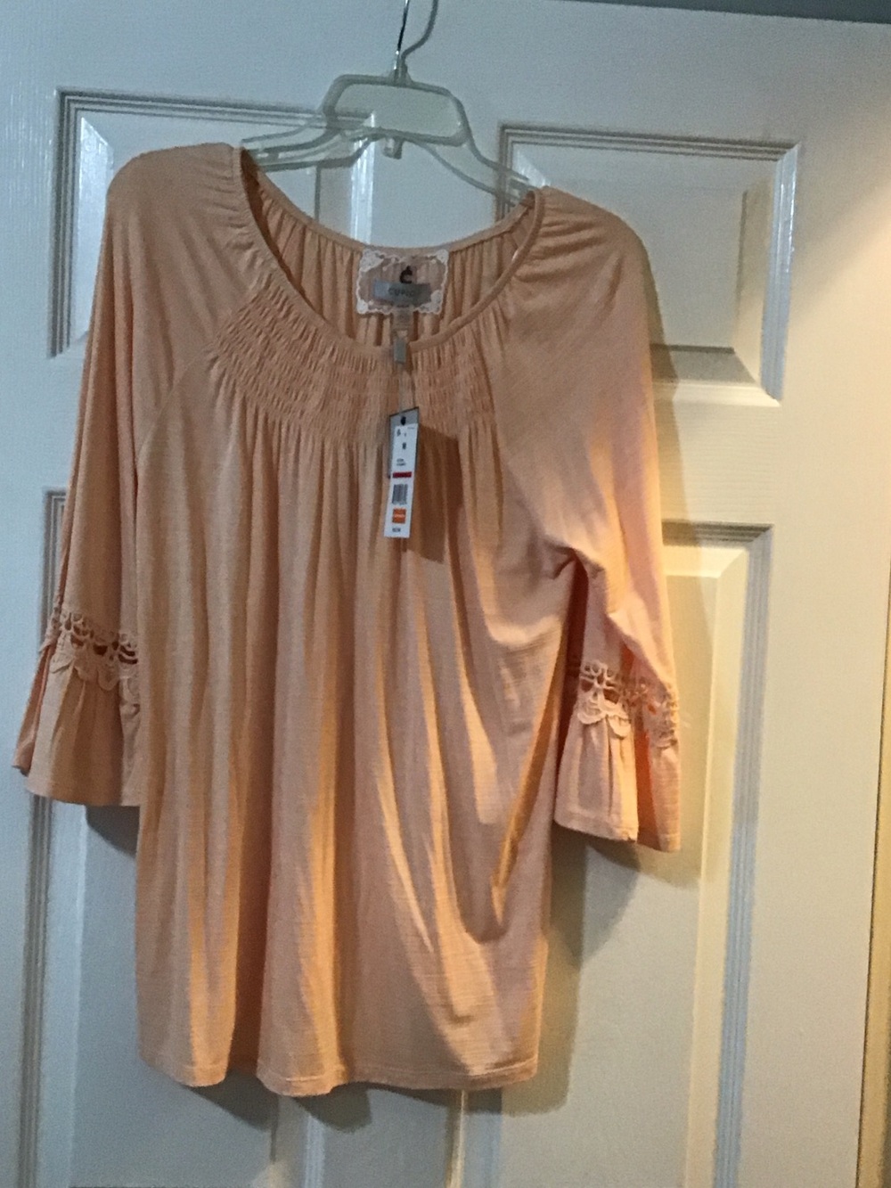 Cupio Peach Scoop-Neck Top with Smocked Yoke and Lace Bell Sleeves